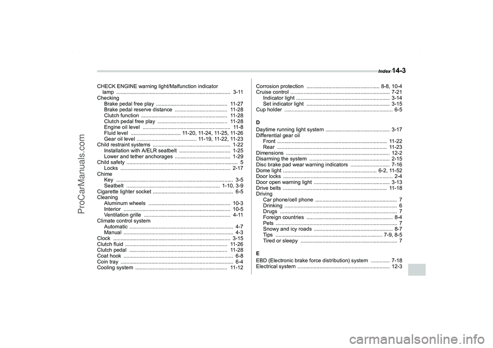SAAB 9-2X 2006  Owners Manual Index 
14-3
14
CHECK ENGINE warning light/Malfunction indicator 
lamp ..............................................................................  3-11
Checking
Brake pedal free play  .............