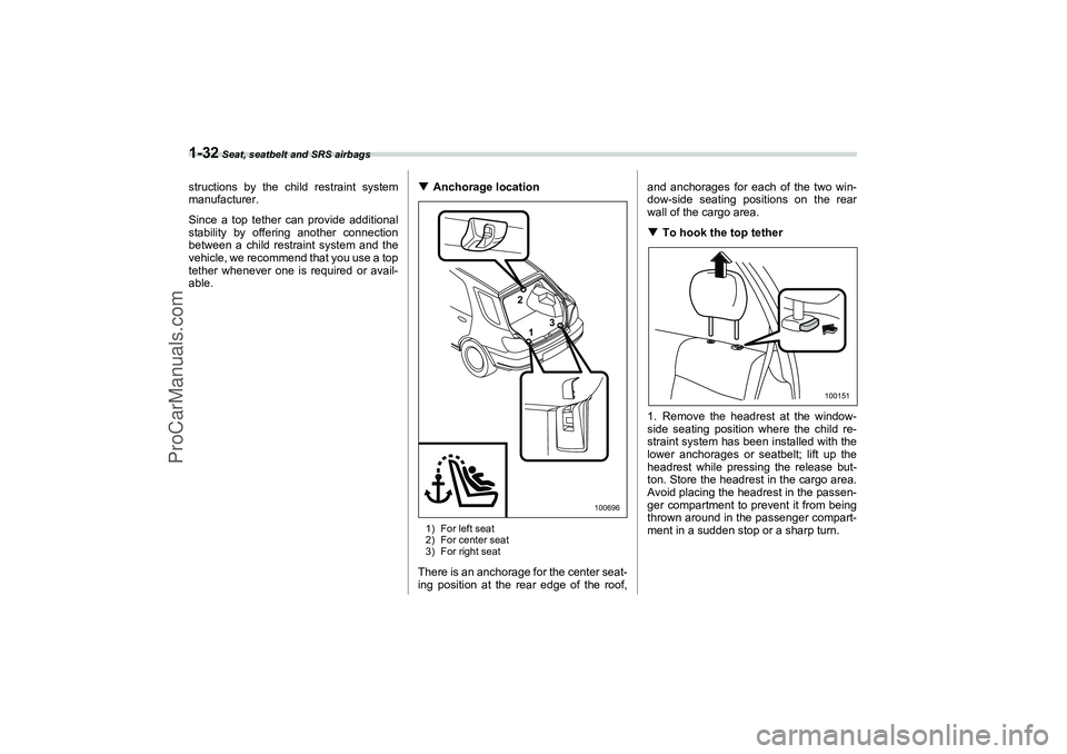 SAAB 9-2X 2006 Workshop Manual 1-32
 Seat, seatbelt and SRS airbags
structions by the child restraint system
manufacturer.
Since a top tether can provide additional
stability by offering another connection
between a child restraint