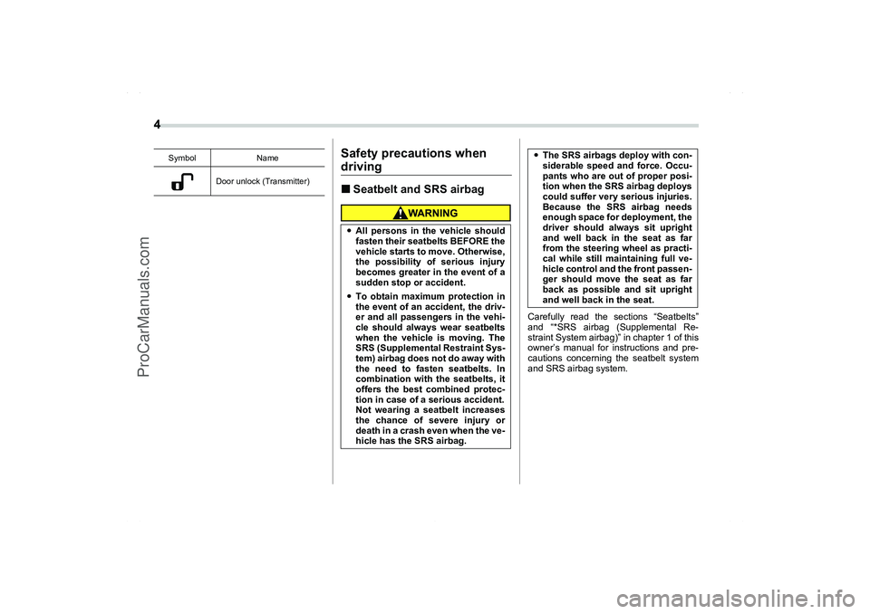 SAAB 9-2X 2006  Owners Manual 4 
Safety precautions when drivingSeatbelt and SRS airbag
Carefully read the sections “Seatbelts”
and “*SRS airbag (Supplemental Re-
straint System airbag)” in chapter 1 of this
owner’s man