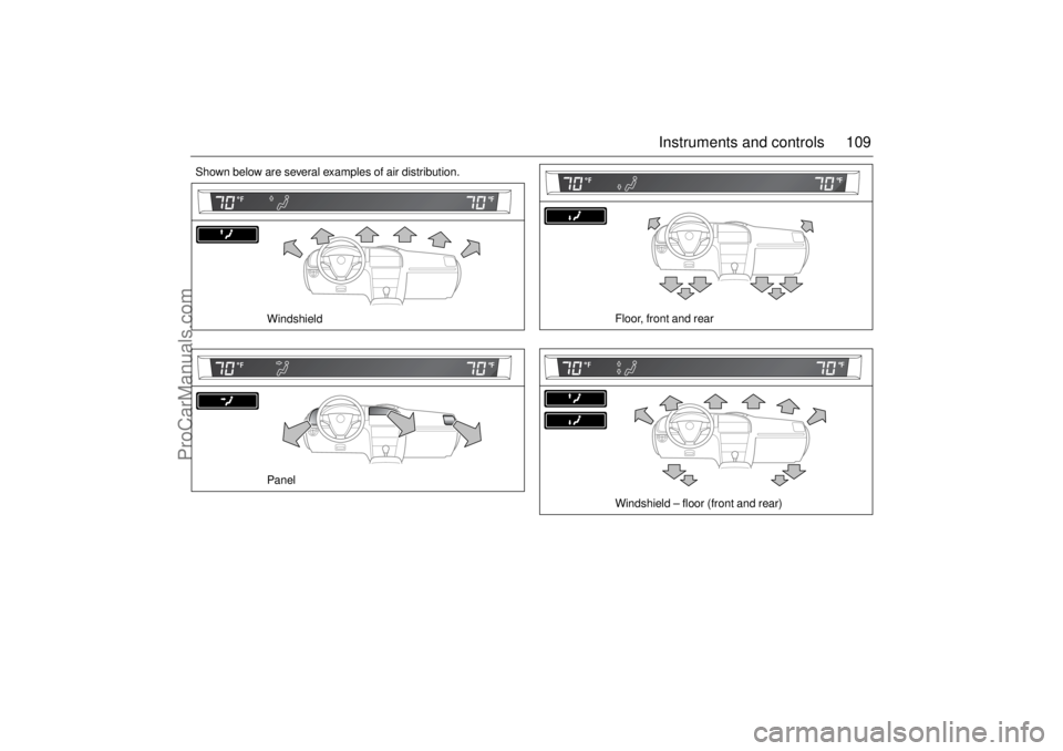 SAAB 9-3 2004 Owners Manual 109 Instruments and controls
Shown below are several examples of air distribution.
Windshield
Panel
Floor, front and rear
Windshield – floor (front and rear)
ProCarManuals.com SAAB 9-3 2004 Owners Manual 109 Instruments and controls
Shown below are several examples of air distribution.
Windshield
Panel
Floor, front and rear
Windshield – floor (front and rear)
ProCarManuals.com