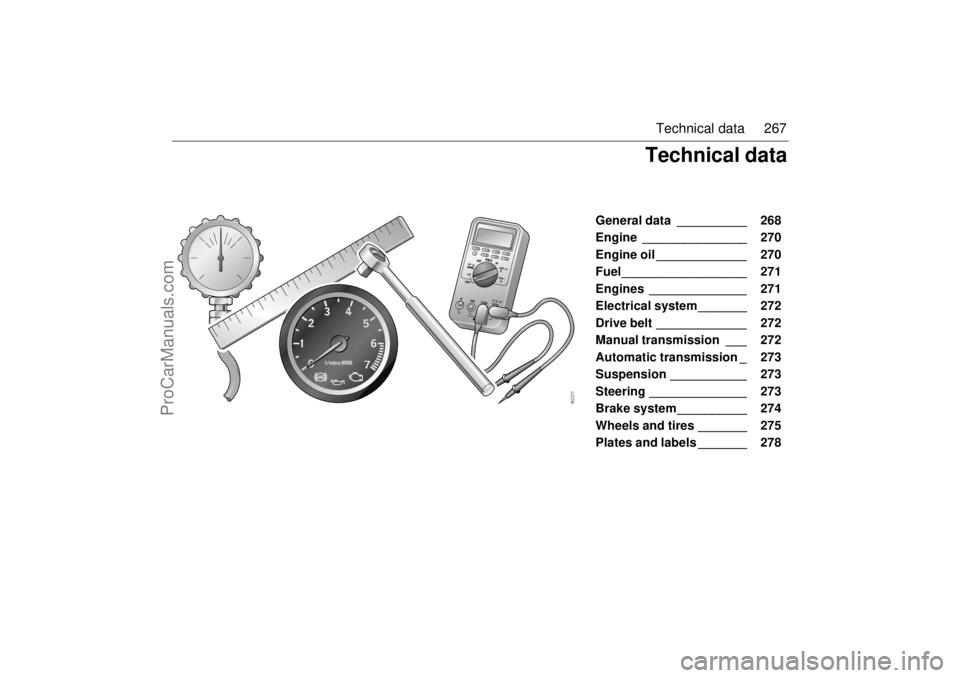SAAB 9-3 2004 Owners Manual 267 Technical data
General data __________ 268
Engine _______________ 270
Engine oil _____________ 270
Fuel__________________ 271
Engines ______________ 271
Electrical system_______ 272
Dr SAAB 9-3 2004 Owners Manual 267 Technical data
General data __________ 268
Engine _______________ 270
Engine oil _____________ 270
Fuel__________________ 271
Engines ______________ 271
Electrical system_______ 272
Dr