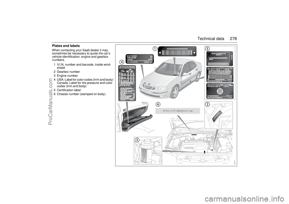 SAAB 9-3 2004 User Guide 278 Technical data
Plates and labelsWhen contacting your Saab dealer it may
sometimes be necessary to quote the car’s
vehicle identification, engine and gearbox
numbers.
1 V.I.N. number and barco SAAB 9-3 2004 User Guide 278 Technical data
Plates and labelsWhen contacting your Saab dealer it may
sometimes be necessary to quote the car’s
vehicle identification, engine and gearbox
numbers.
1 V.I.N. number and barco