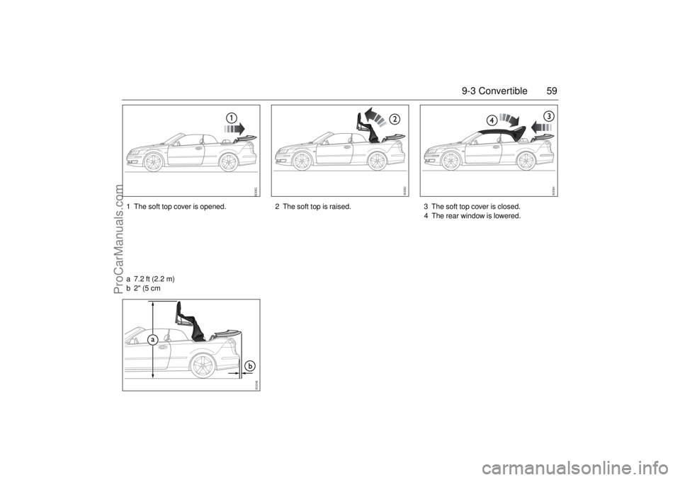 SAAB 9-3 2004 Workshop Manual 59 9-3 Convertible
1 The soft top cover is opened. 2 The soft top is raised. 3 The soft top cover is closed.
4 The rear window is lowered.
a 7.2 ft (2.2 m)
b2" (5cm
ProCarManuals.com SAAB 9-3 2004 Workshop Manual 59 9-3 Convertible
1 The soft top cover is opened. 2 The soft top is raised. 3 The soft top cover is closed.
4 The rear window is lowered.
a 7.2 ft (2.2 m)
b2" (5cm
ProCarManuals.com