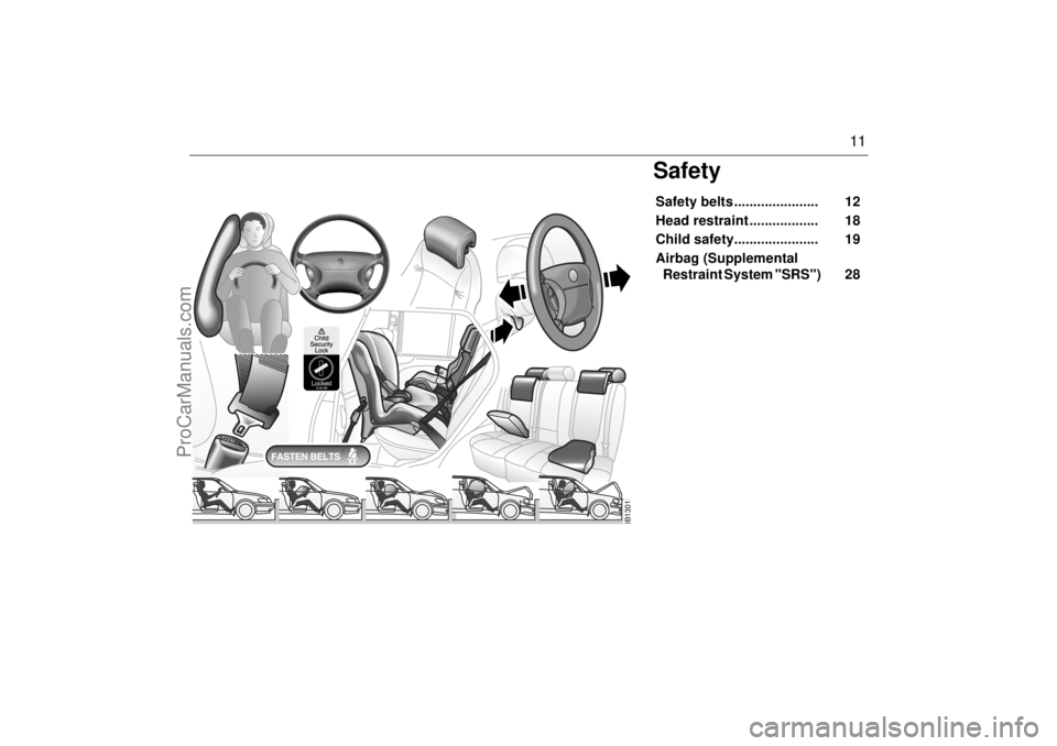 SAAB 9-3 2001 User Guide 11
SafetySafety belts ......................    12 
Head restraint ..................    18 
Child safety......................    19 
Airbag (Supplemental 
Restraint System "SRS")    28 
IB1301
ProCa