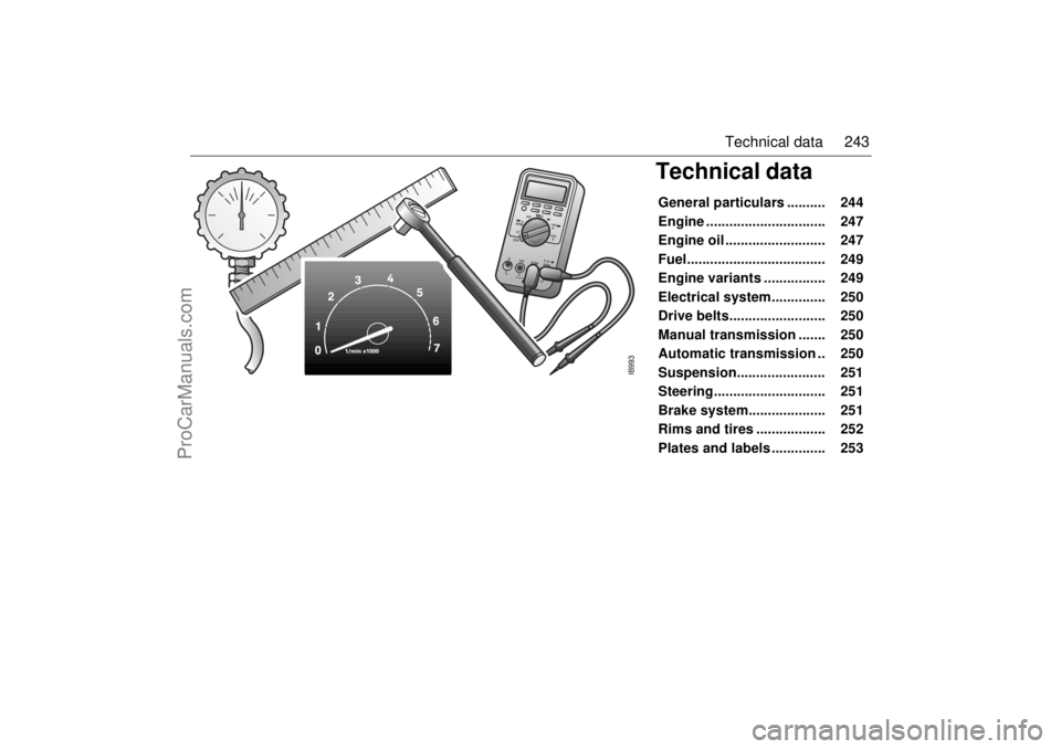 SAAB 9-3 2001  Owners Manual 243 Technical data
Technical dataGeneral particulars ..........    244 
Engine ...............................   247 
Engine oil ..........................    247 
Fuel................................