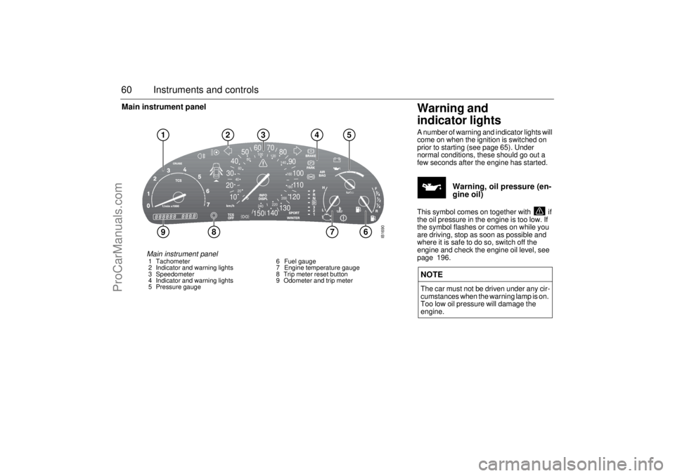 SAAB 9-3 2001  Owners Manual 60 Instruments and controlsMain instrument panel
Warning and 
indicator lightsA number of warning and indicator lights will 
come on when the ignition is switched on 
prior to starting (see page 65). 