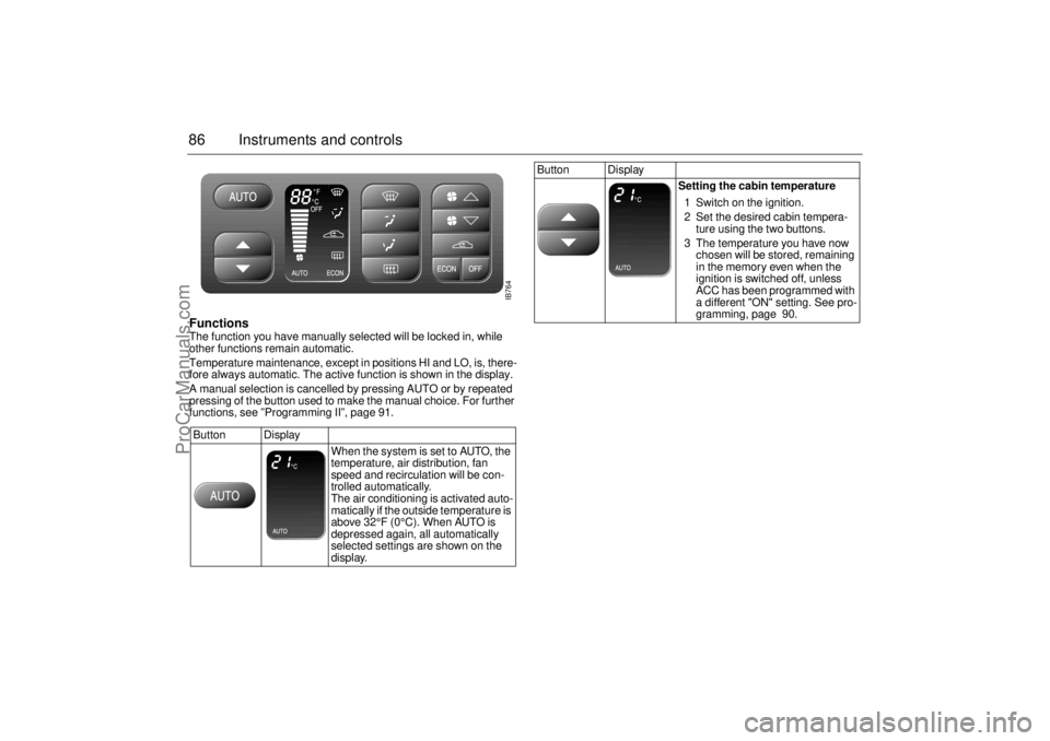 SAAB 9-3 2001 Manual Online 86 Instruments and controlsFunctions The function you have manually selected will be locked in, while
other functions remain automatic.
Temperature maintenance, except in positions HI and LO, is, th SAAB 9-3 2001 Manual Online 86 Instruments and controlsFunctions The function you have manually selected will be locked in, while
other functions remain automatic.
Temperature maintenance, except in positions HI and LO, is, th