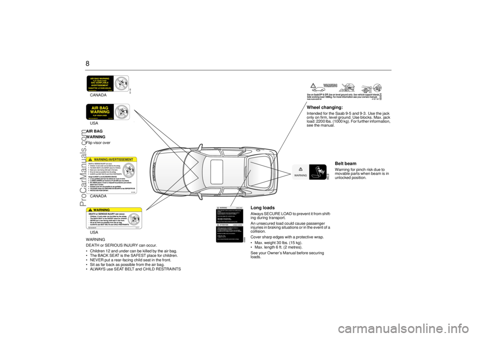 SAAB 9-3 2000 Owners Manual 8
Long loads Always SECURE LOAD to prevent it from shift-
ing during transport.
An unsecured load could cause passenger
injuries in braking situations or in the event of a
collision.
Cover sharp edg SAAB 9-3 2000 Owners Manual 8
Long loads Always SECURE LOAD to prevent it from shift-
ing during transport.
An unsecured load could cause passenger
injuries in braking situations or in the event of a
collision.
Cover sharp edg