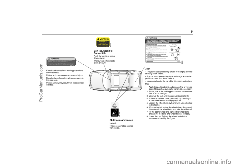 SAAB 9-3 2000 Owners Manual 9
WL16
Child lock safety catch Locked.
The door can not be opened
from inside.
IB963
Jack – The jack is designed solely for use in changing a wheel
or fitting snow chains.
– The car must be st SAAB 9-3 2000 Owners Manual 9
WL16
Child lock safety catch Locked.
The door can not be opened
from inside.
IB963
Jack – The jack is designed solely for use in changing a wheel
or fitting snow chains.
– The car must be st