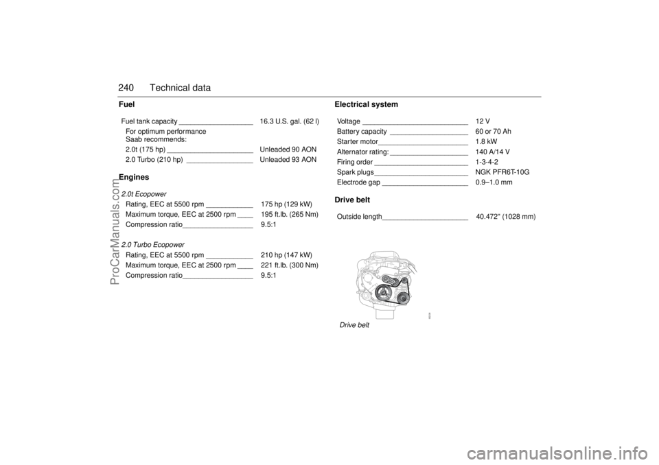 SAAB 9-3 2003  Owners Manual 240 Technical dataFuel
EnginesElectrical system
Drive belt
 
Fuel tank capacity ___________________ 16.3 U.S. gal. (62 l)
For optimum performance 
Saab recommends:
2.0t (175 hp) ______________________