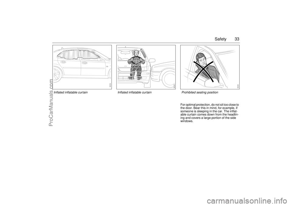 SAAB 9-3 2003 Owners Guide 33 Safety
For optimal protection, do not sit too close to
the door. Bear this in mind, for example, if
someone is sleeping in the car. The inflat-
able curtain comes down from the headlin-
ing and c SAAB 9-3 2003 Owners Guide 33 Safety
For optimal protection, do not sit too close to
the door. Bear this in mind, for example, if
someone is sleeping in the car. The inflat-
able curtain comes down from the headlin-
ing and c