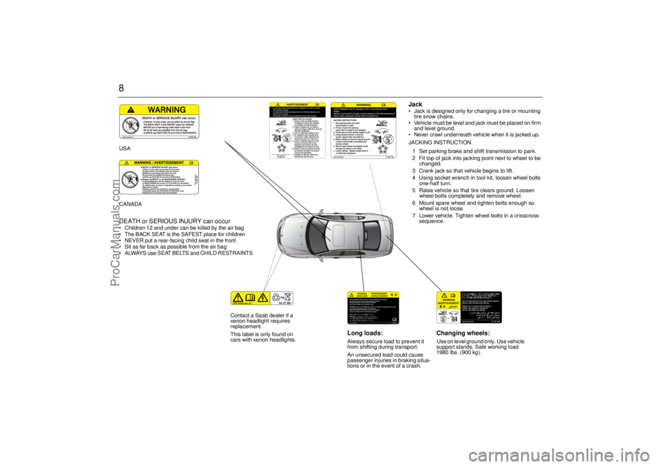 SAAB 9-3 2003  Owners Manual 8
Long loads:Always secure load to prevent it 
from shifting during transport.
An unsecured load could cause 
passenger injuries in braking situa-
tions or in the event of a crash.
Changing wheels:Use