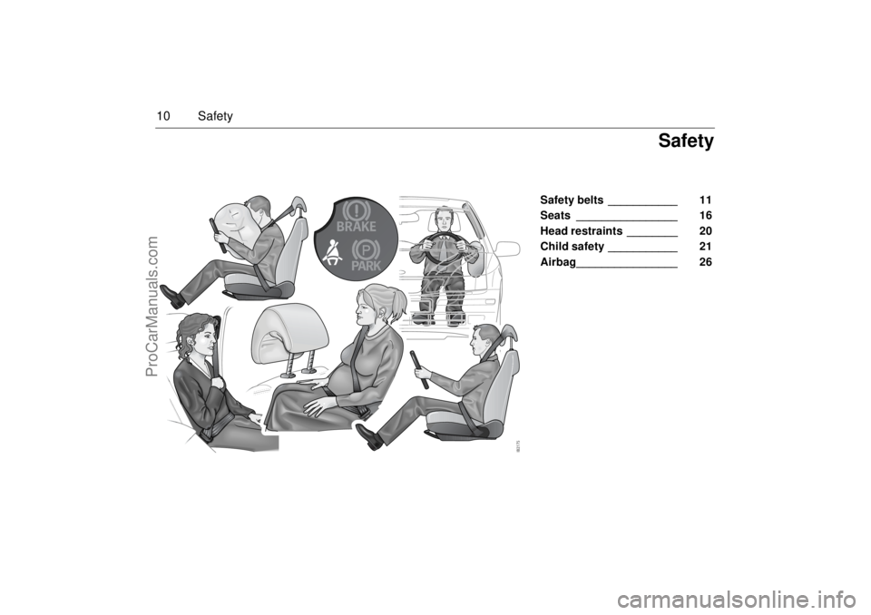 SAAB 9-3 2003 Owners Manual 10 Safety
Safety belts ___________ 11
Seats ________________ 16
Head restraints ________ 20
Child safety ___________ 21
Airbag________________ 26
Safety
ProCarManuals.com SAAB 9-3 2003 Owners Manual 10 Safety
Safety belts ___________ 11
Seats ________________ 16
Head restraints ________ 20
Child safety ___________ 21
Airbag________________ 26
Safety
ProCarManuals.com