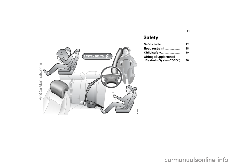 SAAB 9-3 2002 User Guide 11
SafetySafety belts ......................    12 
Head restraint ..................    18 
Child safety......................    19 
Airbag (Supplemental 
Restraint System "SRS")    28 
IB1885
ProCa