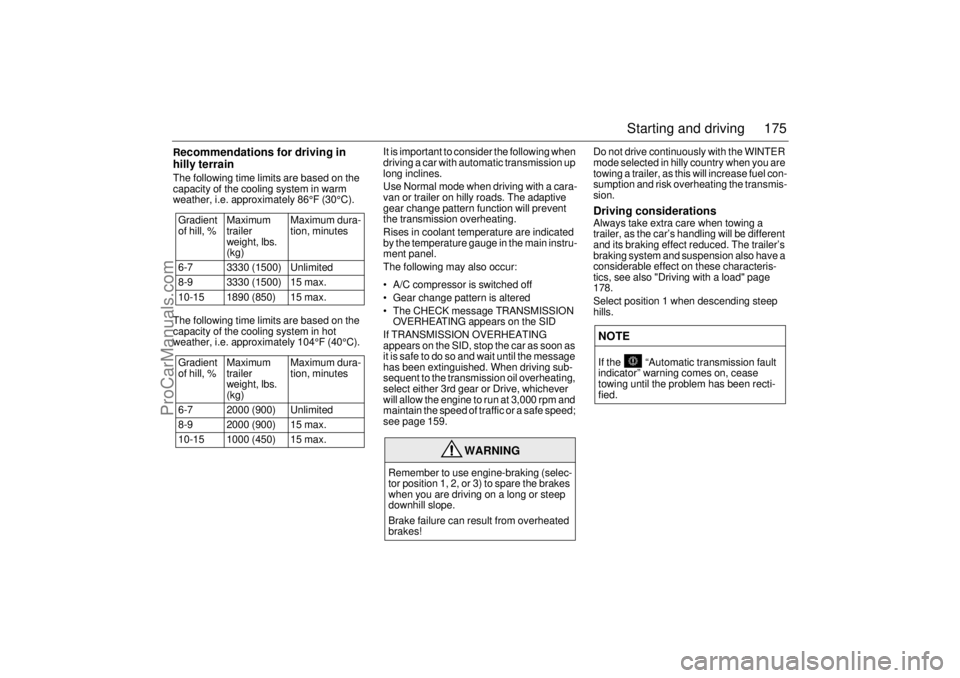 SAAB 9-3 2002  Owners Manual 175 Starting and driving
Recommendations for driving in 
hilly terrainThe following time limits are based on the 
capacity of the cooling system in warm 
weather, i.e. approximately 86°F (30°C). 
Th