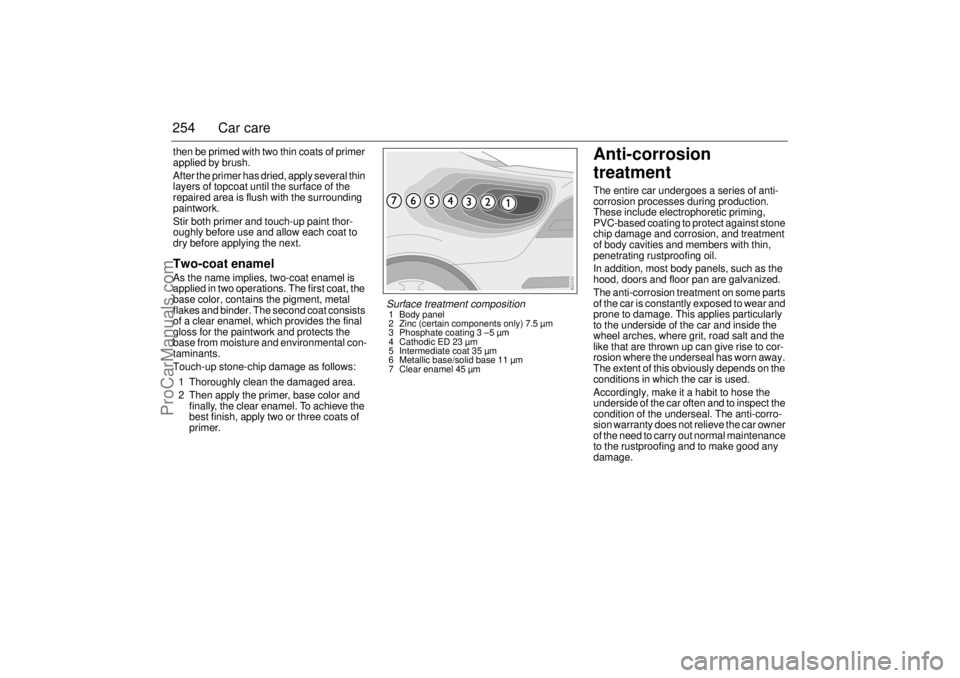 SAAB 9-3 2005  Owners Manual 254 Car carethen be primed with two thin coats of primer 
applied by brush. 
After the primer has dried, apply several thin 
layers of topcoat until the surface of the 
repaired area is flush with the