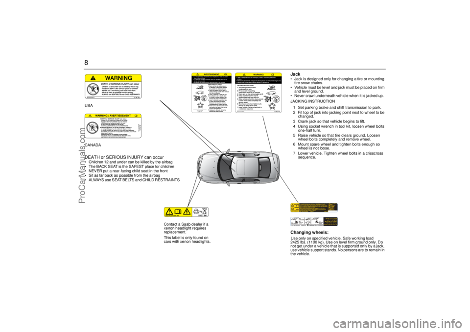 SAAB 9-3 2005  Owners Manual 8
Changing wheels:Use only on specified vehicle. Safe working load 
2425 lbs. (1100 kg). Use on level firm ground only. Do 
not get under a vehicle that is supported only by a jack, 
use vehicle suppo