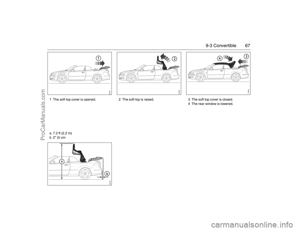 SAAB 9-3 2007 Repair Manual 67 9-3 Convertible
1 The soft top cover is opened. 2 The soft top is raised. 3 The soft top cover is closed.
4 The rear window is lowered.
a 7.2 ft (2.2 m)
b2" (5cm93_U S _M 07.book Page 67 W ednesd SAAB 9-3 2007 Repair Manual 67 9-3 Convertible
1 The soft top cover is opened. 2 The soft top is raised. 3 The soft top cover is closed.
4 The rear window is lowered.
a 7.2 ft (2.2 m)
b2" (5cm93_U S _M 07.book Page 67 W ednesd