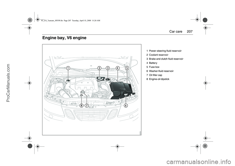 SAAB 9-3 2009  Owners Manual 
207
Car care
1 Power-steering fluid reservoir
2 Coolant reservoir
3 Brake and clutch fluid reservoir
4Battery
5 Fuse box
6 Washer-fluid reservoir
7 Oil filler cap
8 Engine-oil dipstick
Engine bay, V6