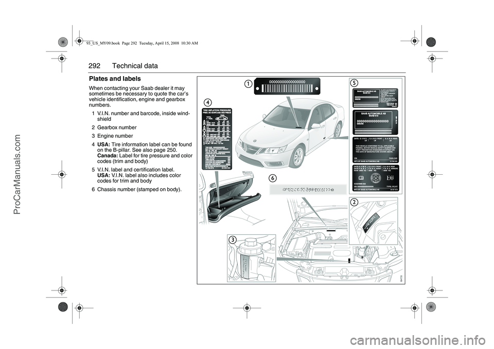 SAAB 9-3 2009 Owners Manual 292 Technical dataPlates and labelsWhen contacting your Saab dealer it may
sometimes be necessary to quote the car’s
vehicle identification, engine and gearbox
numbers.
1 V.I.N. number and barcod SAAB 9-3 2009 Owners Manual 292 Technical dataPlates and labelsWhen contacting your Saab dealer it may
sometimes be necessary to quote the car’s
vehicle identification, engine and gearbox
numbers.
1 V.I.N. number and barcod