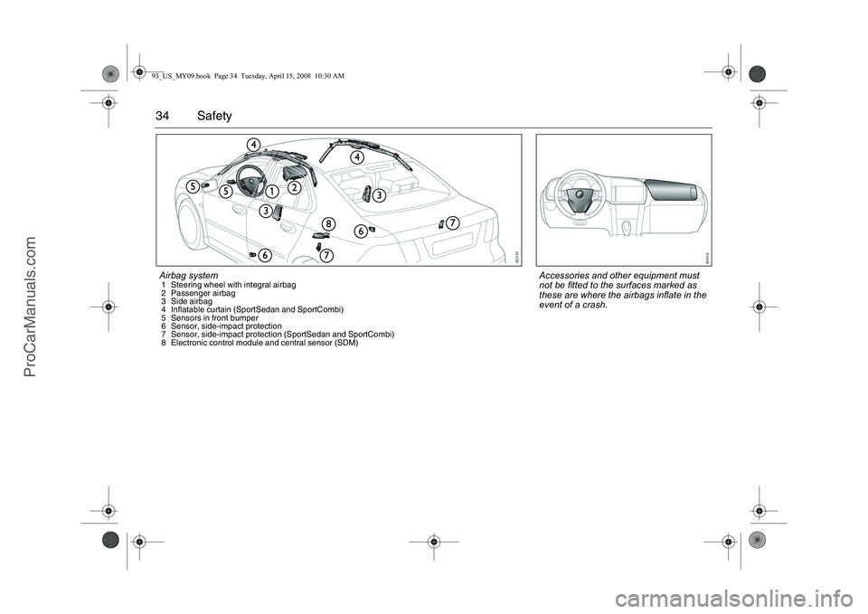 SAAB 9-3 2009 Owners Manual 34 SafetyAirbag system1 Steering wheel with integral airbag
2 Passenger airbag
3 Side airbag
4 Inflatable curtain (SportSedan and SportCombi)
5 Sensors in front bumper
6 Sensor, side-impact protection SAAB 9-3 2009 Owners Manual 34 SafetyAirbag system1 Steering wheel with integral airbag
2 Passenger airbag
3 Side airbag
4 Inflatable curtain (SportSedan and SportCombi)
5 Sensors in front bumper
6 Sensor, side-impact protection