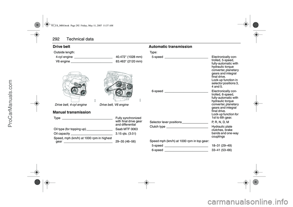 SAAB 9-3 2008 Owners Manual 292 Technical dataDrive belt
Manual transmissionAutomatic transmissionOutside length:
4-cyl engine ______________________ 40.472 (1028 mm)
V6 engine ________________________ 83.463 (2120 mm)
Dri SAAB 9-3 2008 Owners Manual 292 Technical dataDrive belt
Manual transmissionAutomatic transmissionOutside length:
4-cyl engine ______________________ 40.472 (1028 mm)
V6 engine ________________________ 83.463 (2120 mm)
Dri