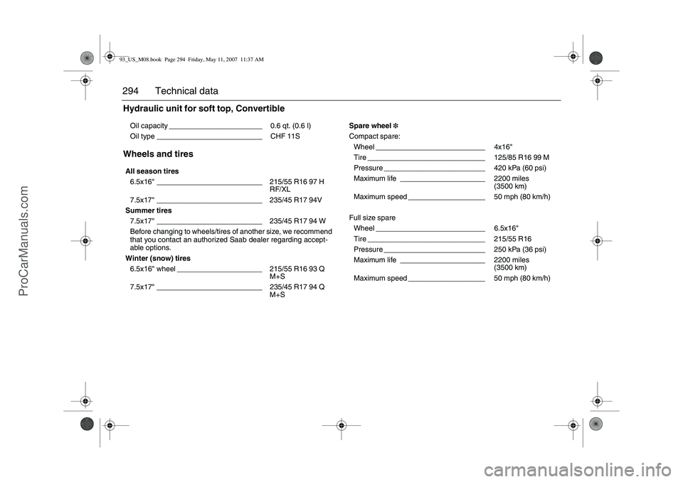 SAAB 9-3 2008 Owners Manual 294 Technical dataHydraulic unit for soft top, Convertible
Wheels and tiresOil capacity _______________________ 0.6 qt. (0.6 l)
Oil type __________________________ CHF 11S
All season tires
6.5x16" ___ SAAB 9-3 2008 Owners Manual 294 Technical dataHydraulic unit for soft top, Convertible
Wheels and tiresOil capacity _______________________ 0.6 qt. (0.6 l)
Oil type __________________________ CHF 11S
All season tires
6.5x16" ___