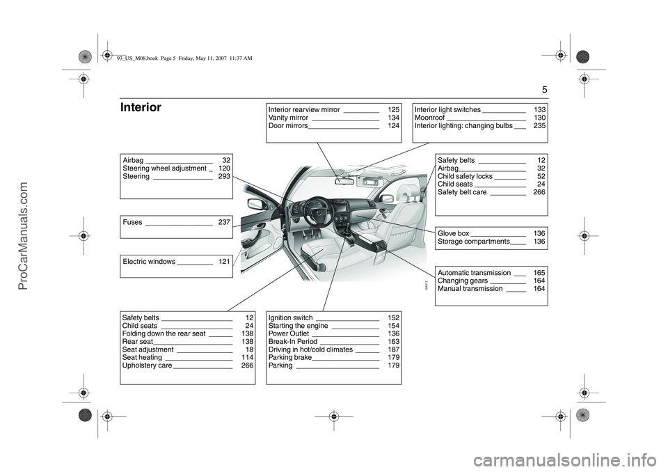 SAAB 9-3 2008  Owners Manual 5
InteriorAirbag _________________ 32
Steering wheel adjustment _ 120
Steering _______________ 293
Interior rearview mirror _________ 125
Vanity mirror _________________ 134
Door mirrors______________