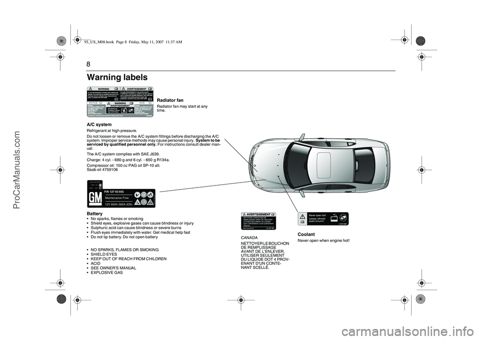 SAAB 9-3 2008  Owners Manual 8
CoolantNever open when engine hot!
Radiator fanRadiator fan may start at any 
time.
Battery No sparks, flames or smoking
 Shield eyes, explosive gases can cause blindness or injury
 Sulphuric aci