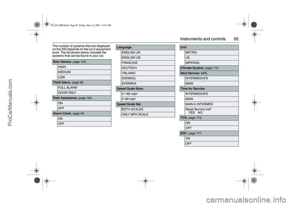 SAAB 9-3 2008 Owners Manual 95 Instruments and controls
The number of systems that are displayed
on the SID depends on the car’s equipment
level. The list shown below includes the
systems that can be found in your car.Rain SAAB 9-3 2008 Owners Manual 95 Instruments and controls
The number of systems that are displayed
on the SID depends on the car’s equipment
level. The list shown below includes the
systems that can be found in your car.Rain