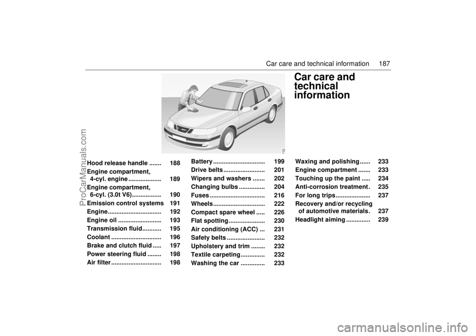 SAAB 9-5 2002  Owners Manual 187 Car care and technical information
Car care and 
technical 
information
772
  Hood release handle .......    188 
Engine compartment, 
4-cyl. engine ...................    189 
Engine compartment,