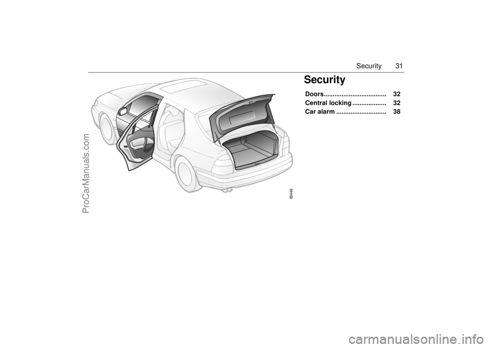 SAAB 9-5 2000  Owners Manual 31 Security
Security Doors...................................   32 
Central locking ...................    32 
Car alarm ............................    38 
IB446
ProCarManuals.com 