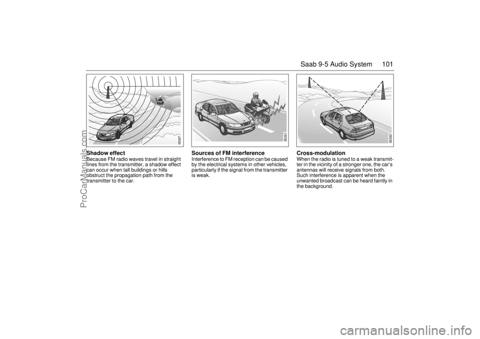 SAAB 9-5 2001 Owners Manual 101 Saab 9-5 Audio System
Shadow effect Because FM radio waves travel in straight
lines from the transmitter, a shadow effect
can occur when tall buildings or hills
obstruct the propagation path fr SAAB 9-5 2001 Owners Manual 101 Saab 9-5 Audio System
Shadow effect Because FM radio waves travel in straight
lines from the transmitter, a shadow effect
can occur when tall buildings or hills
obstruct the propagation path fr