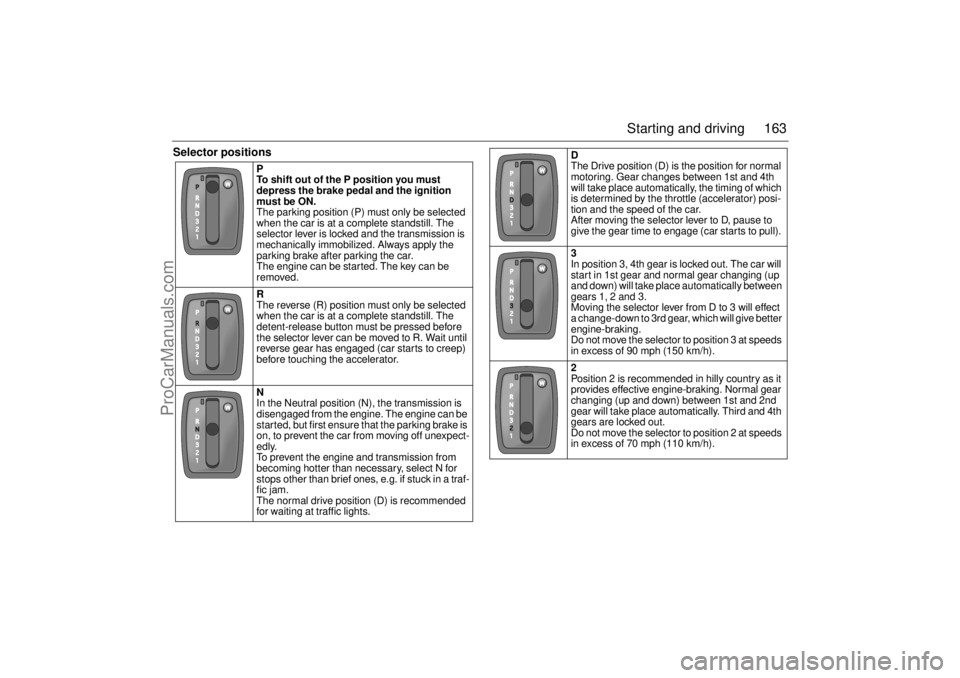 SAAB 9-5 2001  Owners Manual 163 Starting and driving
Selector positions
P 
To shift out of the P position you must 
depress the brake pedal and the ignition 
must be ON. 
The parking position (P) must only be selected 
when the 