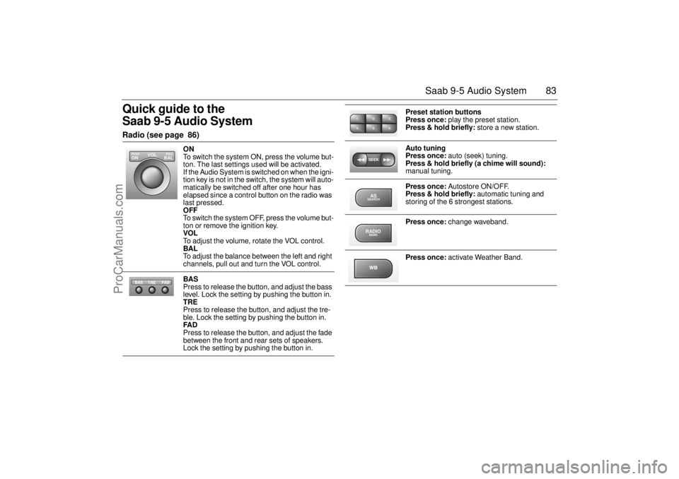 SAAB 9-5 2001 Manual Online 83 Saab 9-5 Audio System
Quick guide to the
Saab 9-5 Audio System Radio (see page 86)
ON
To switch the system ON, press the volume but-
ton. The last settings used will be activated.
If the Audi SAAB 9-5 2001 Manual Online 83 Saab 9-5 Audio System
Quick guide to the
Saab 9-5 Audio System Radio (see page 86)
ON
To switch the system ON, press the volume but-
ton. The last settings used will be activated.
If the Audi
