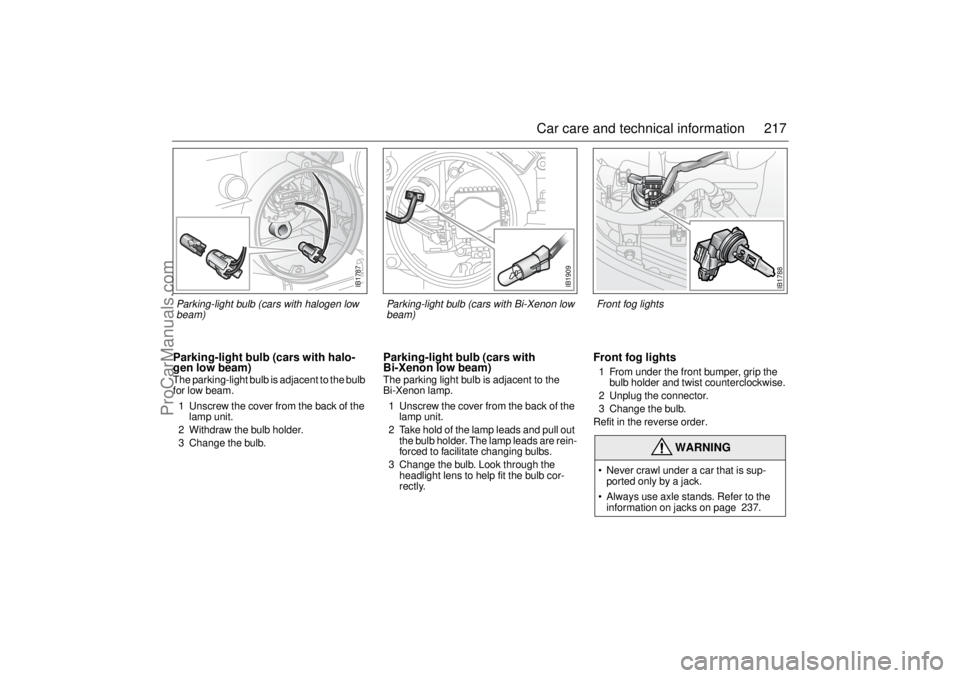 SAAB 9-5 2003 Owners Manual 217 Car care and technical information
Parking-light bulb (cars with halo-
gen low beam)The parking-light bulb is adjacent to the bulb
for low beam.
1 Unscrew the cover from the back of the
lamp uni SAAB 9-5 2003 Owners Manual 217 Car care and technical information
Parking-light bulb (cars with halo-
gen low beam)The parking-light bulb is adjacent to the bulb
for low beam.
1 Unscrew the cover from the back of the
lamp uni
