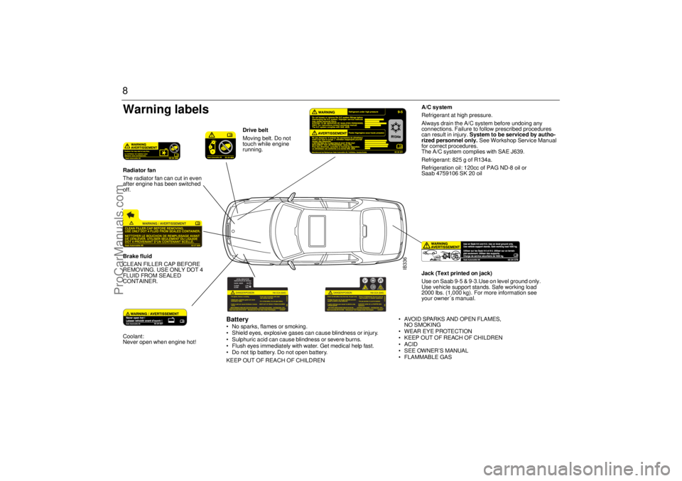 SAAB 9-5 2003  Owners Manual 8
Battery No sparks, flames or smoking.
 Shield eyes, explosive gases can cause blindness or injury.
 Sulphuric acid can cause blindness or severe burns.
 Flush eyes immediately with water. Get me