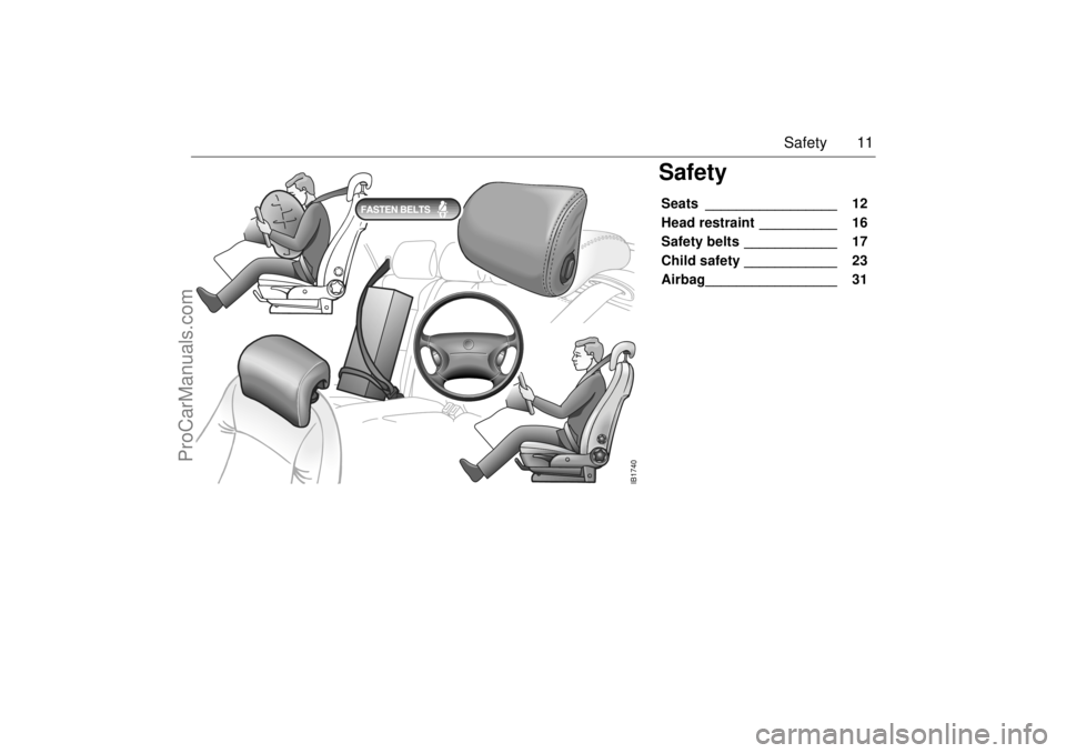 SAAB 9-5 2004 User Guide 11 Safety
SafetySeats _________________   12 
Head restraint __________    16 
Safety belts ____________    17 
Child safety ____________    23 
Airbag_________________   31 
IB1740
ProCarManuals.com 