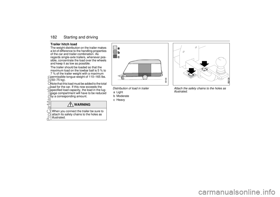 SAAB 9-5 2004 Owners Manual 182 Starting and drivingTrailer hitch loadThe weight distribution on the trailer makes
a lot of difference to the handling properties
of the car and trailer combination. As
regards single-axle trai SAAB 9-5 2004 Owners Manual 182 Starting and drivingTrailer hitch loadThe weight distribution on the trailer makes
a lot of difference to the handling properties
of the car and trailer combination. As
regards single-axle trai