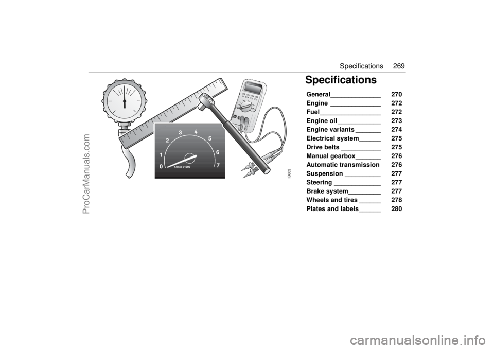 SAAB 9-5 2004  Owners Manual 269 Specifications
Specifications  General______________   270 
Engine ______________   272 
Fuel_________________   272 
Engine oil ____________    273 
Engine variants _______    274 
Electrical sys