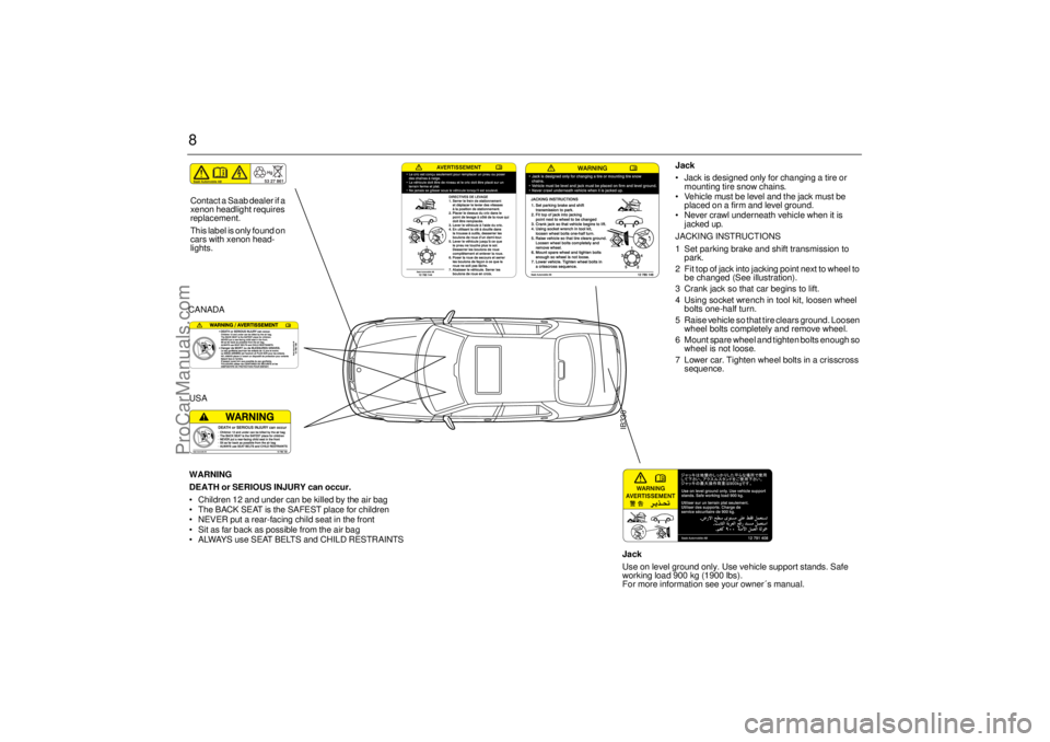 SAAB 9-5 2004 Owners Manual 8
IB336
Jack
Jack is designed only for changing a tire or
mounting tire snow chains.
Vehicle must be level and the jack must be
placed on a firm and level ground.
Never crawl underneath vehicl SAAB 9-5 2004 Owners Manual 8
IB336
Jack
Jack is designed only for changing a tire or
mounting tire snow chains.
Vehicle must be level and the jack must be
placed on a firm and level ground.
Never crawl underneath vehicl