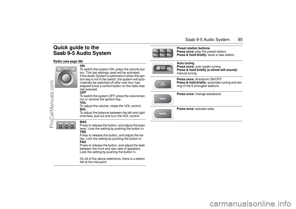 SAAB 9-5 2005 Manual Online 85 Saab 9-5 Audio System
Quick guide to the
Saab 9-5 Audio System Radio (see page 88)
ON
To switch the system ON, press the volume but-
ton. The last settings used will be activated.
If the Audio SAAB 9-5 2005 Manual Online 85 Saab 9-5 Audio System
Quick guide to the
Saab 9-5 Audio System Radio (see page 88)
ON
To switch the system ON, press the volume but-
ton. The last settings used will be activated.
If the Audio