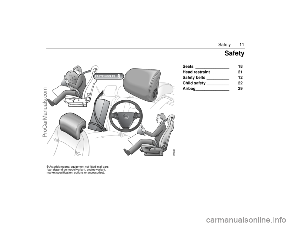 SAAB 9-5 2006 User Guide 11 Safety
Seats _______________   18 
Head restraint ________    21 
Safety belts __________    12 
Child safety __________    22 
Airbag_______________   29 
IB3835
Safety
 Asterisk means: equipment