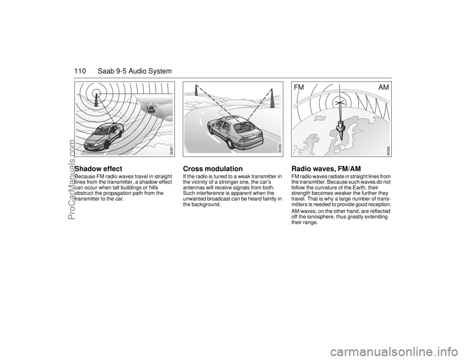 SAAB 9-5 2006  Owners Manual 110 Saab 9-5 Audio SystemShadow effectBecause FM radio waves travel in straight 
lines from the transmitter, a shadow effect 
can occur when tall buildings or hills 
obstruct the propagation path from