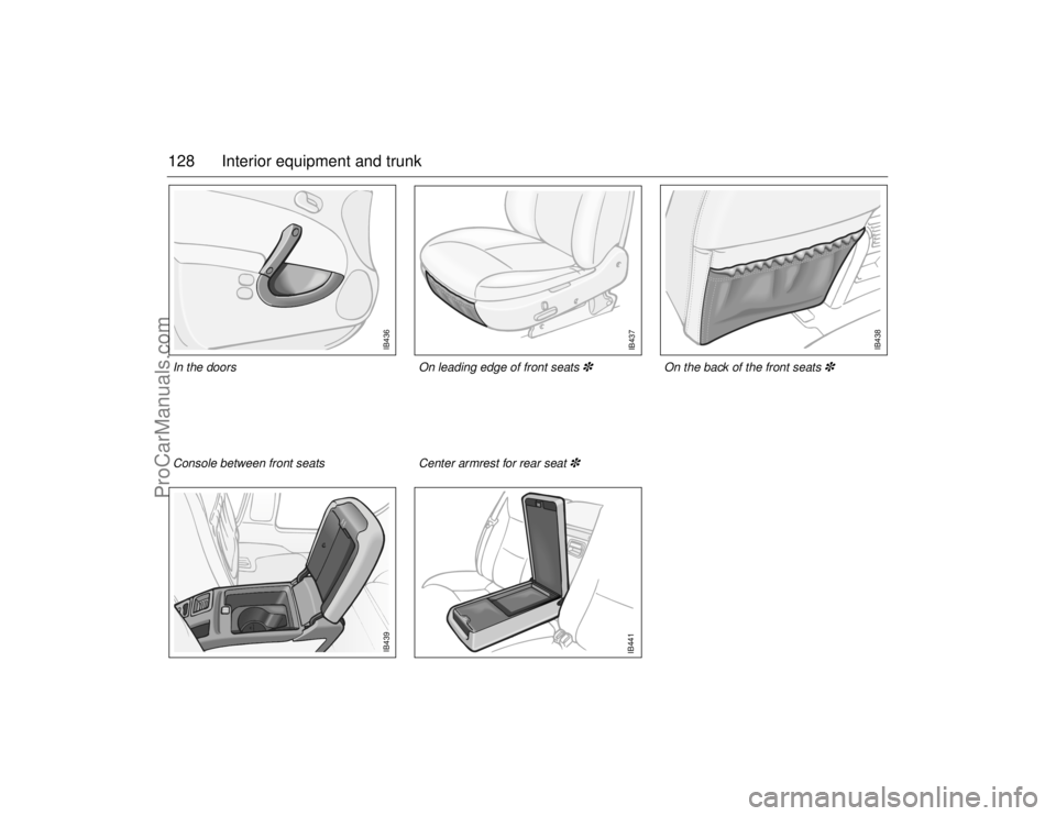 SAAB 9-5 2006  Owners Manual 128 Interior equipment and trunk
IB436
IB437
IB439
IB441
IB438
On the back of the front seats
Center armrest for rear seat On leading edge of front seats
Console between front seats  In the doors 
