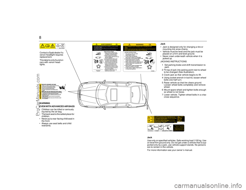 SAAB 9-5 2006  Owners Manual 8
IB336
Jack
 Jack is designed only for changing a tire or 
mounting tire snow chains.
 Vehicle must be level and the jack must be 
placed on a firm and level ground.
 Never crawl underneath vehicl