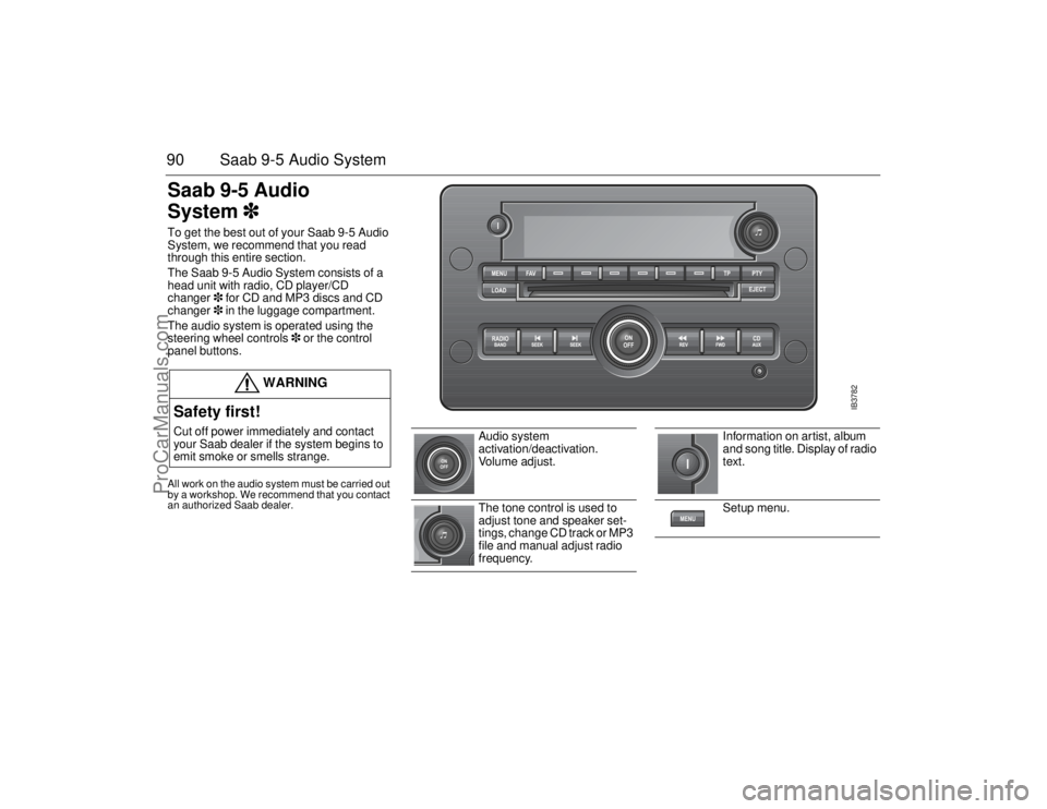 SAAB 9-5 2006  Owners Manual 90 Saab 9-5 Audio SystemSaab 9-5 Audio 
System
 To get the best out of your Saab 9-5 Audio 
System, we recommend that you read 
through this entire section.
The Saab 9-5 Audio System consists of a