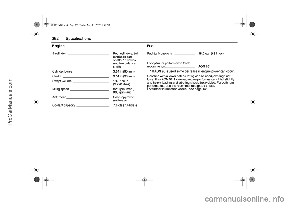 SAAB 9-5 2008 Owners Manual 262 SpecificationsEngine
Fuel
4-cylinder ________________________ Four cylinders, twin
overhead cam-
shafts, 16 valves
and two balancer
shafts.
Cylinder bores _____________________ 3.54 in SAAB 9-5 2008 Owners Manual 262 SpecificationsEngine
Fuel
4-cylinder ________________________ Four cylinders, twin
overhead cam-
shafts, 16 valves
and two balancer
shafts.
Cylinder bores _____________________ 3.54 in