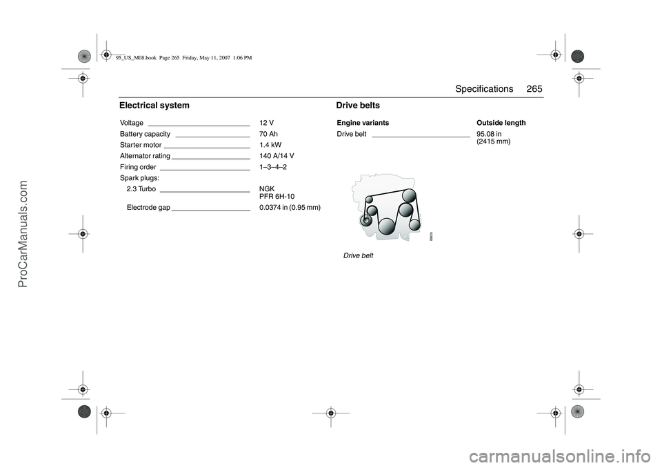 SAAB 9-5 2008 Owners Manual 265 Specifications
Electrical system Drive belts Voltage __________________________ 12 V
Battery capacity ___________________ 70 Ah
Starter motor ______________________ 1.4 kW
Alternator SAAB 9-5 2008 Owners Manual 265 Specifications
Electrical system Drive belts Voltage __________________________ 12 V
Battery capacity ___________________ 70 Ah
Starter motor ______________________ 1.4 kW
Alternator