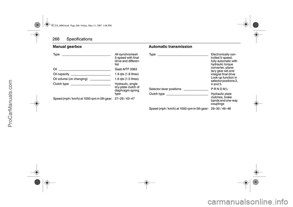 SAAB 9-5 2008 Owners Manual 266 SpecificationsManual gearbox Automatic transmission Type ____________________________ All-synchromesh
5-speed with final
drive and differen-
tial
Oil ______________________________ Saab MTF SAAB 9-5 2008 Owners Manual 266 SpecificationsManual gearbox Automatic transmission Type ____________________________ All-synchromesh
5-speed with final
drive and differen-
tial
Oil ______________________________ Saab MTF